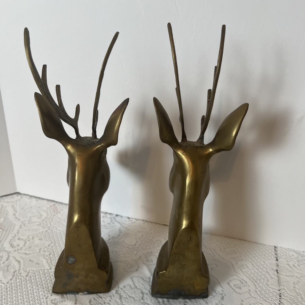 MCM Stag Brass Book Ends Vintage Deer Brass Heads Library Lodge Hunting 12" Tall - Picture 4 of 6